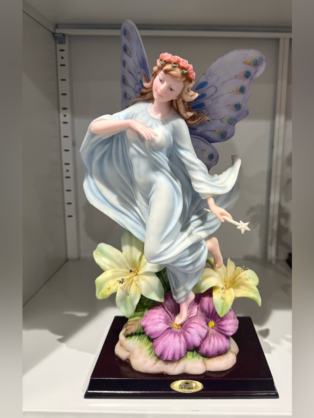 Fairy Figurine with Lavender Wings and Floral Base